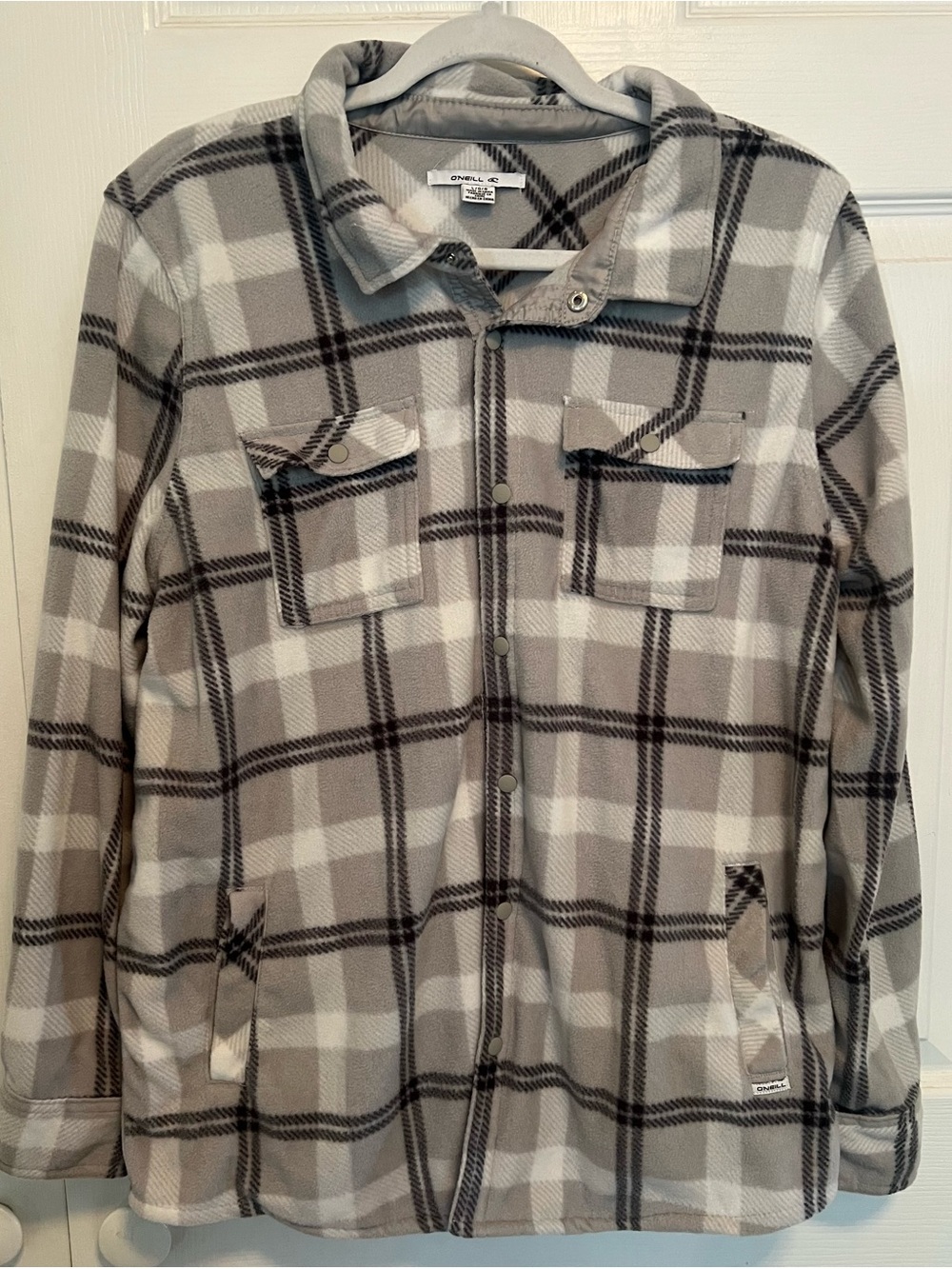 O'Neill Grey and Cream Plaid Fleece Jacket